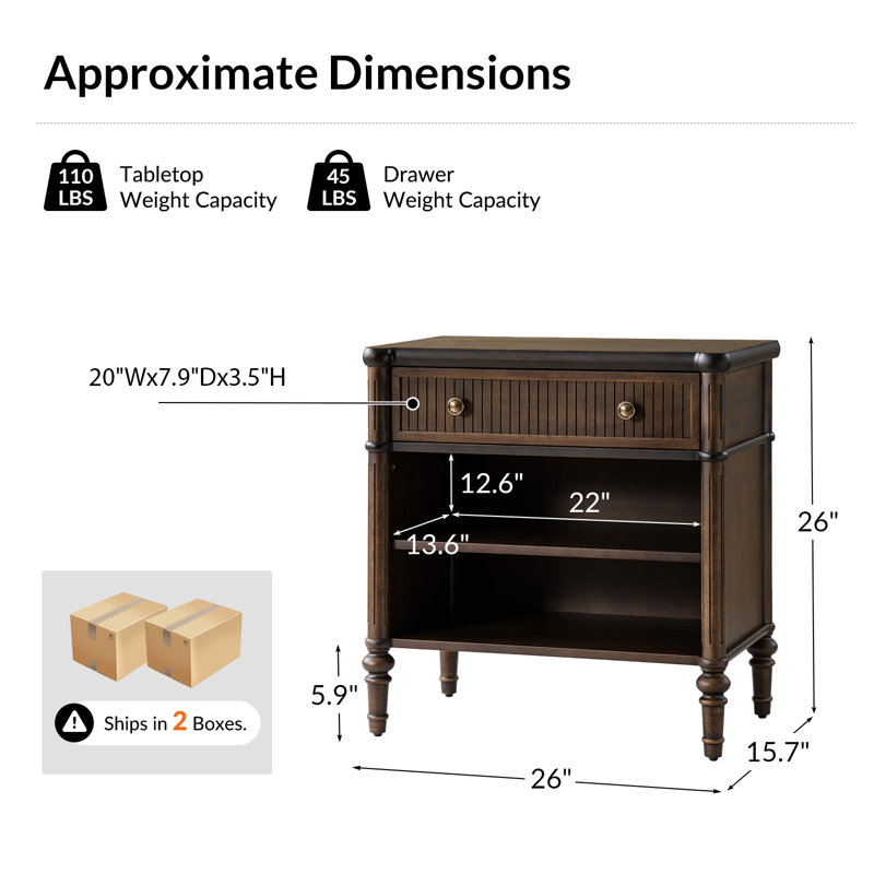 Hoai Transitional 26"W Fluted 1-Drawer Solid End Tables with Built-In Charging Station Set of 2, Walnut
