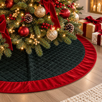 Jupe d'arbre de Noël en velours vert et rouge à motif de losanges 52 po