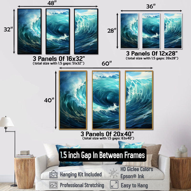 Tempête tropicale, vagues de surf - art mural bord de mer tropical, H 28 po x l 36 po x P 1 po, Cadre flottant blanc