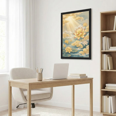 Black Wood Framed，Canvas Wall Art for Living Room, Bedroom, Office or Entryway – Decorative Wall Decor with Lotus Clouds