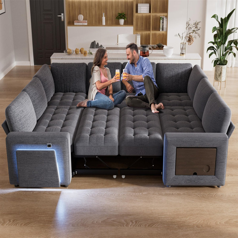 8-Piece U-Shaped Sectional Sleeper Sofa W/ Recliner, Pull-Out Bed, USB Ports & Storage – Tool-Free Assembly, Gray
