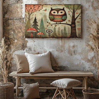 Reproduction d'art sur toile fantaisie hibou fantaisiste avec champignon forêt et arbre abstrait pour salon, chambre à coucher, bureau, couloir, vestibule, galerie murale et décoration intérieure
