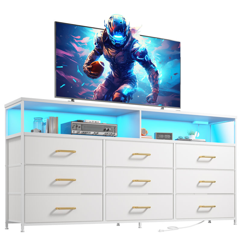 55” W 9 Drawer Dresser With 2-tier Open Shelf, Bedroom Dresser With Power Outlet & Led Light, White/Gold