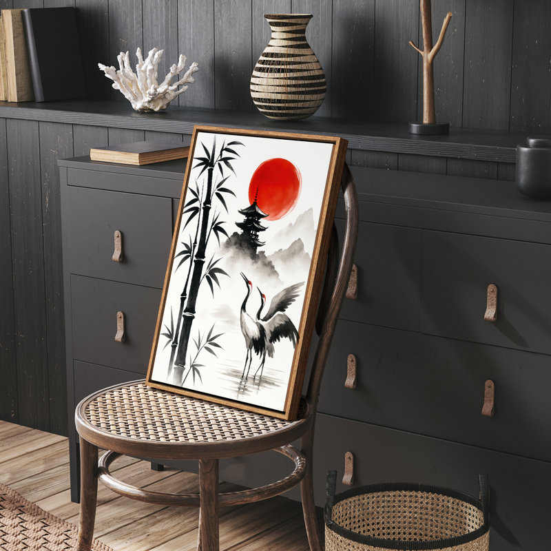 «Crane & Bamboo», impression murale encadrée avec soleil rouge, H 36 po x l 24 po, Naturel