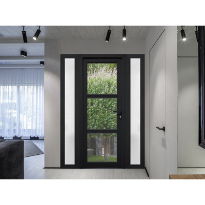Porte d'entrée extérieure prémontée en fibre de verre, verre clair transparent, Manux 8555, noir mat, 2 fenêtres latérales et supérieure, portes extérieures pour bureaux, commerces et habitations, entrée, patio, garage - L 16+30+16 x H 80+14 - Ouverture à gauche vers l'intérieur