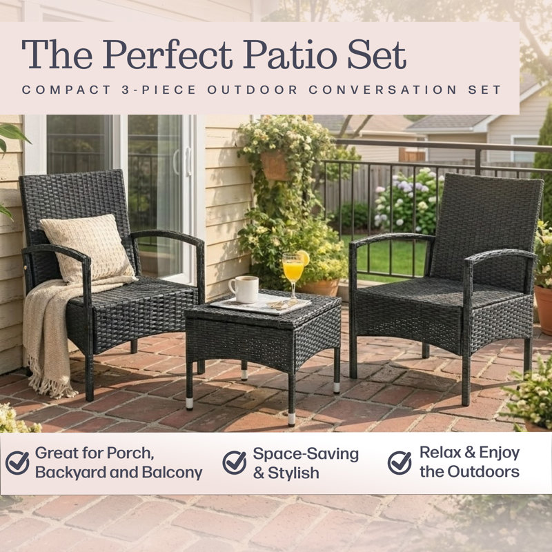 Lavish Home 3PC Outdoor Furniture Set – 2 Rattan Chairs and Table, Black