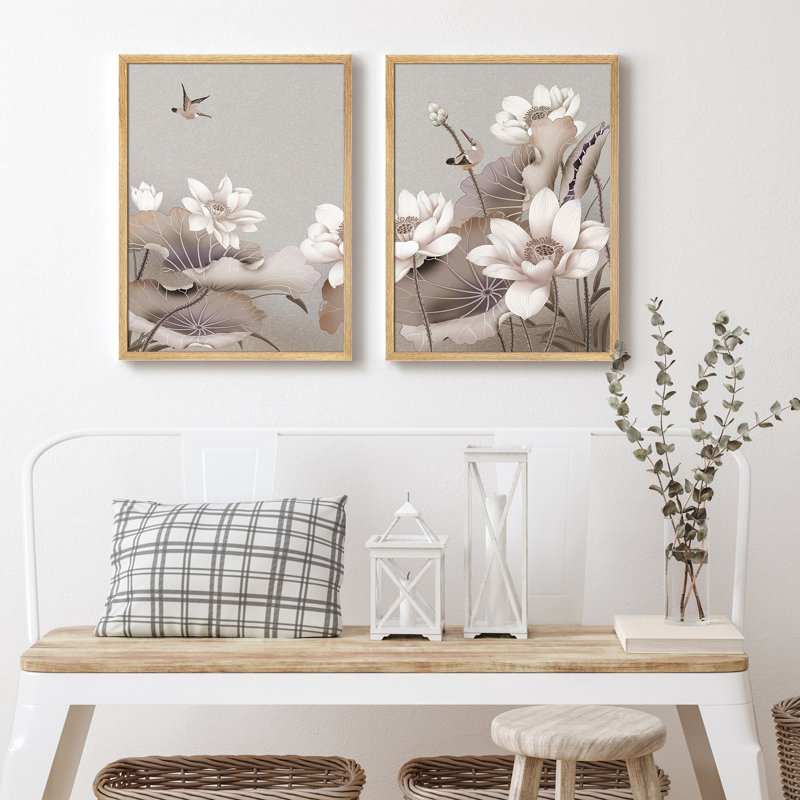 «Rustic Lotus Leaves Pond», reproduction d'art encadrée, affiches, salle de bain, petit art mural, Naturel / naturel