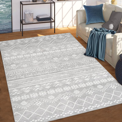 Washable North African Geometric Area Rug, Non-Slip Carpet, Ultra-Thin Soft Polyester Surface with TPR/TPE Backing, Foldable for Simple Household Upkeep