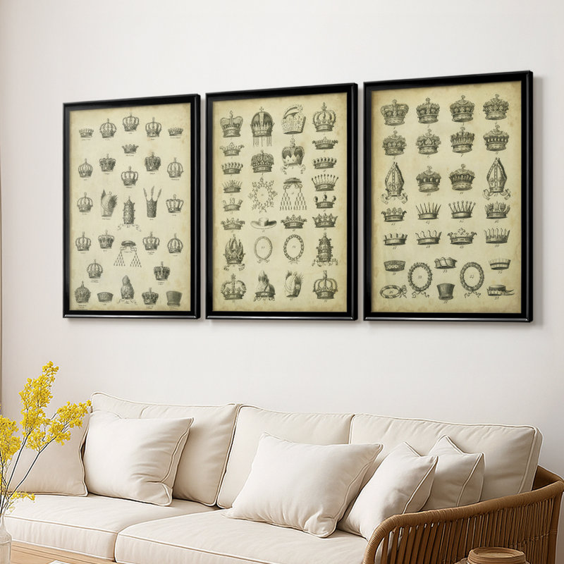 Heraldic Crowns & Coronets II - Toile tendue avec châssis sur mesure - 3 pièces, Noir, H 21 po x l 30 po