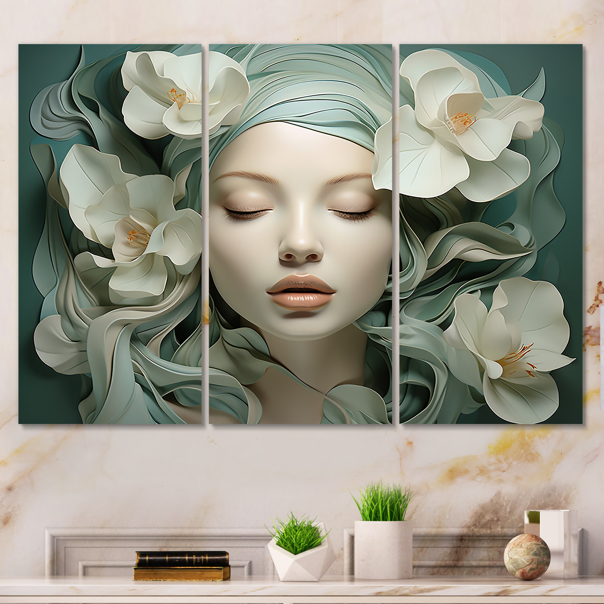 Astoria Grand Green And White Woman With Flower On Face I Fashion