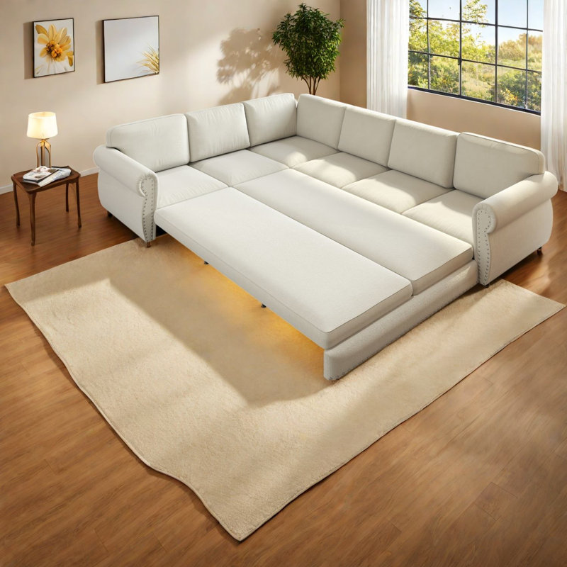 Canapé-lit modulaire en L, chenille, blanc beige, salon, Beige