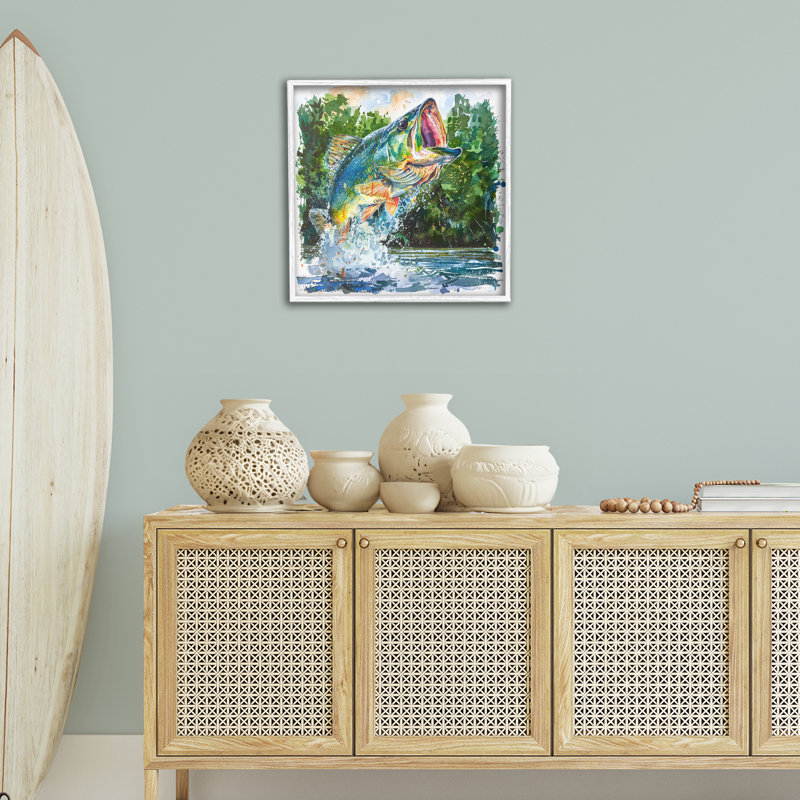  «Splashing Bass Fish», estampe numérique par LSR Design Studio, H 24 po x l 24 po, Giclée encadrée blanc bord de mer