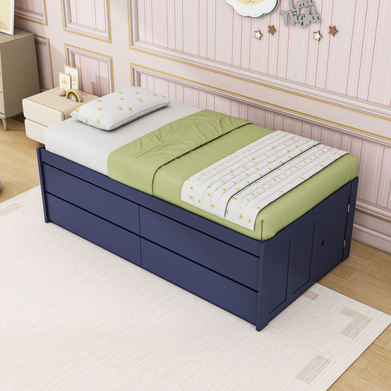 Lit plateforme en bois avec 4 tiroirs, Twin, Navy Blue