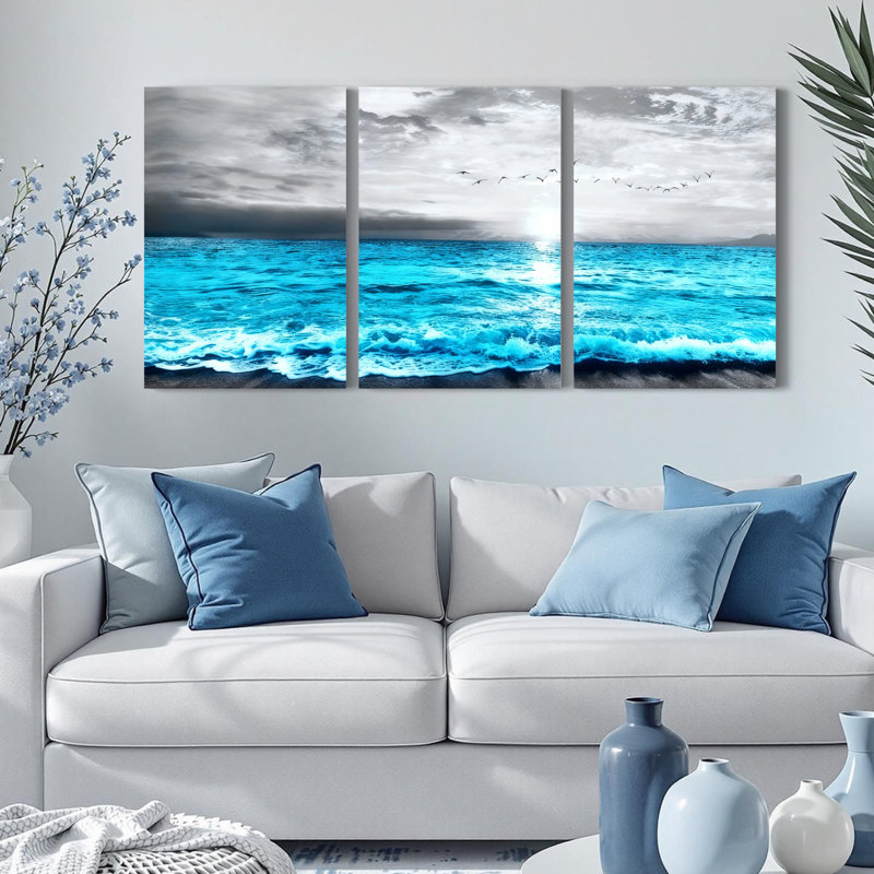 Vagues océaniques et ciel, ensemble de 3 reproductions d'art sur toile tendues, H 30 po x l 60 po