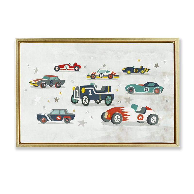 Diverses voitures de course rétro encadrées, toile flottante par Irene Chan, H 21 po x l 31 po