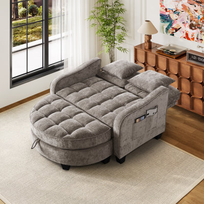 Modern Convertible 2-Seater Sofa Bed With Storage Ottoman, Reclining Backrest, And Side Pocket Armrest