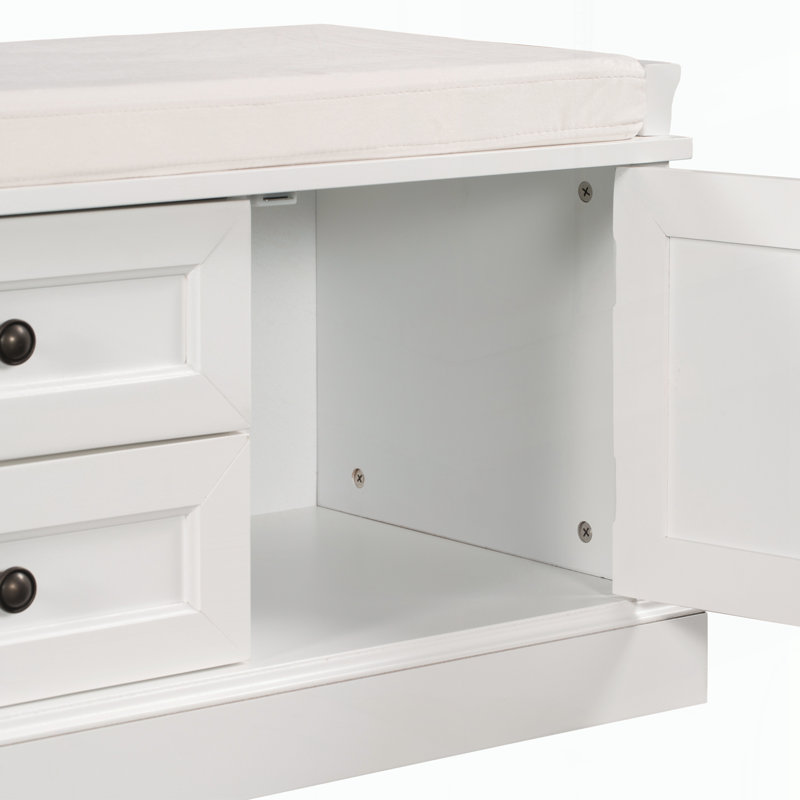 Banc de rangement avec 2 tiroirs et 2 armoires, banc à chaussures avec coussin amovible, Blanc