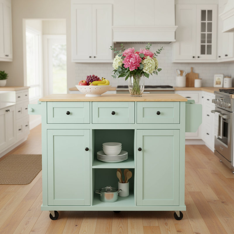 Kitchen Island with Solid Wood Drop-Leaf & 3 Storage Drawers, Green