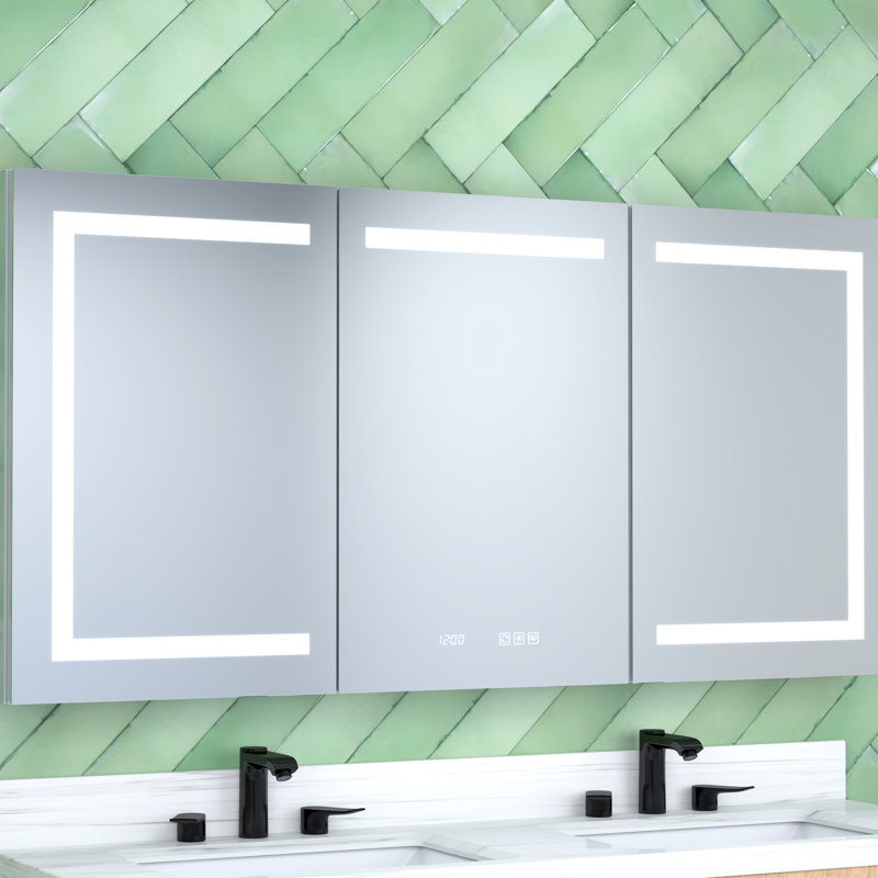 60 po Armoire à pharmacie en alliage d'aluminium argenté à DEL avec miroir, horloge, affichage intégré de la température Rectangle 30 H encastré / fixation en surface tricolore antirouille biseauté
