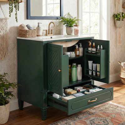 30'' Single Bathroom Vanity With Ceramic Top, Multi-functional Storage Space, Door Shelf, Soft-closing Door