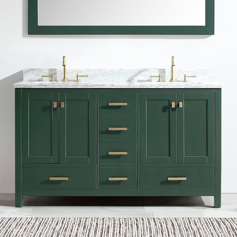 Ensemble de meuble-lavabo double 60 po avec comptoir et dosseret en marbre de Carrare italien blanc Covin, Vert, Doré