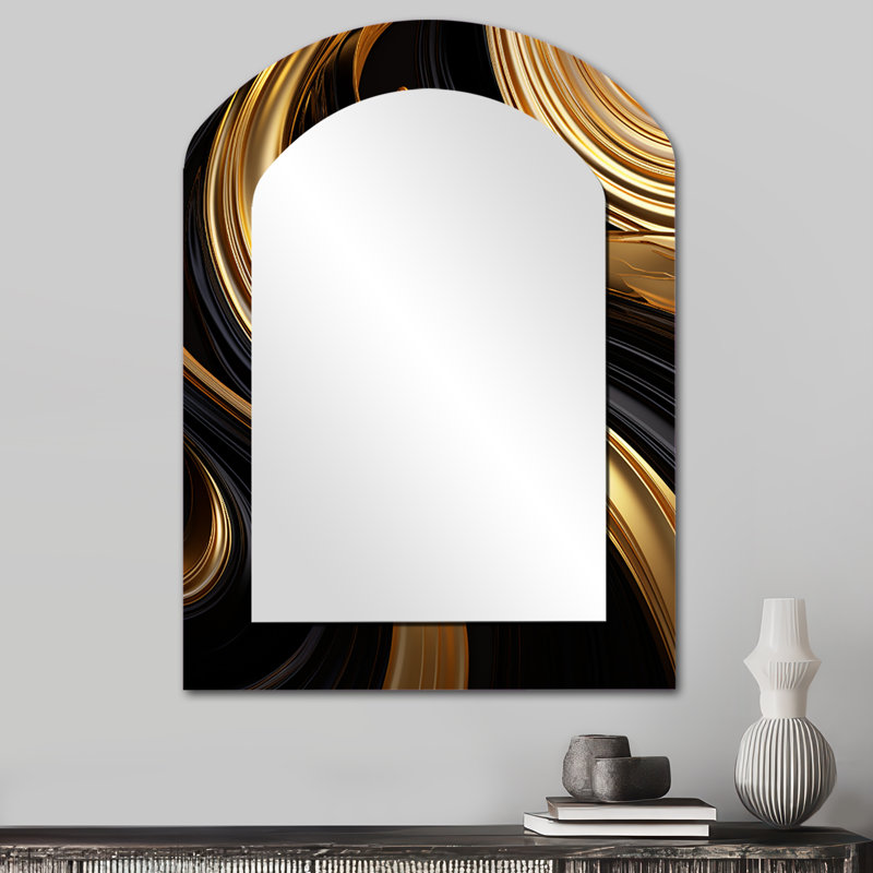 Abstract Liquid Gold And Black Swirl I - Abstract Spirals Asymmetrical Large Mirror, Modern Arch Decorative Wall Mirror, Printed Metal Art