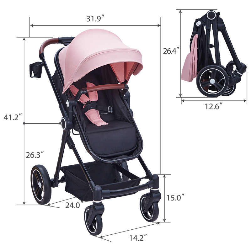 2-in-1 Reversible Baby Stroller and Bassinet – Lightweight collapsible Pushchair, One-Hand Fold, Reclining Seat, Large Storage Basket, Extra-Large Canopy, Shock Absorbing, Cup Holder, 5-Point Harness – Pink