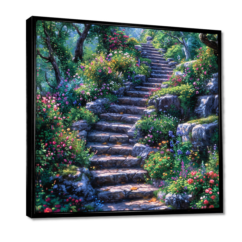 «Country Side Stairs With Blossoming Flowers», impression d'art mural champ de fleurs, Cadre flottant noir, bois massif