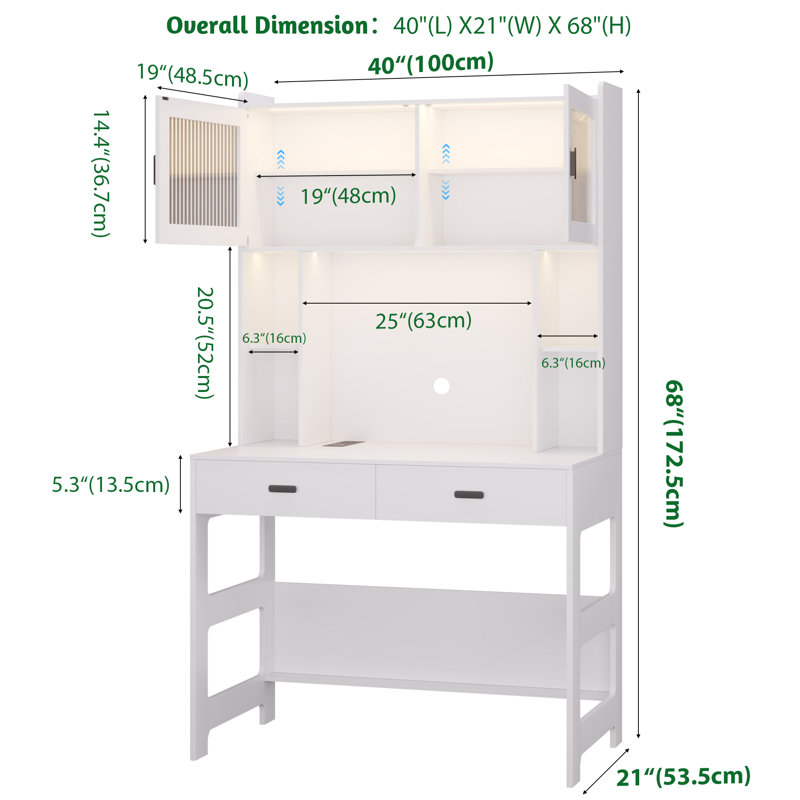 Berwaldt 40" W Rectangle Computer Desk with Hutch and Cabinet, White
