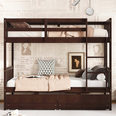Lit superposé simple au-dessus de simple en bois d'hévéa espresso avec 2 tiroirs, convertible en 2 lits simples, échelle et barrières de sécurité