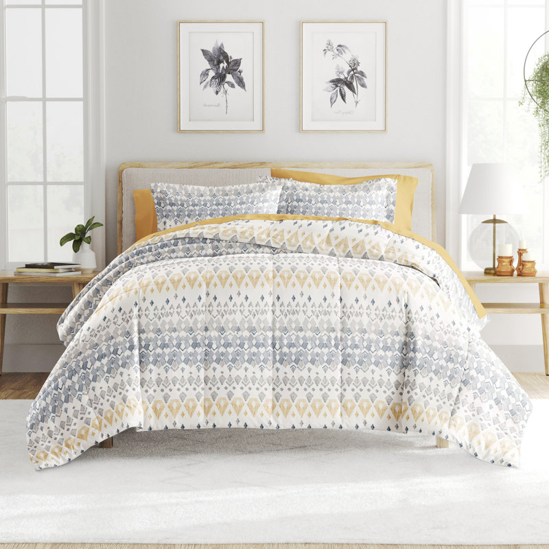 7 Piece Bedding Set - Comforter and Sheet Set, Édredon grand + 1 pièce supplémentaire, Motif géométrique gris