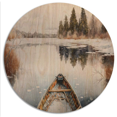 «Winter Canoe Scenery II», art mural bois de campagne / bois de pin naturel