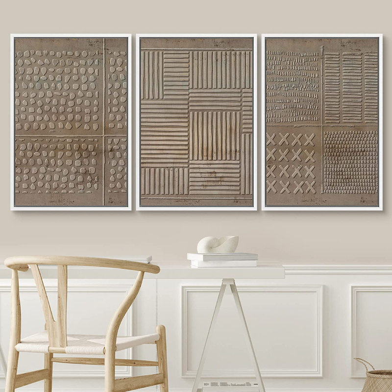 «Geometric Line No Texture Print», impression sur toile encadrée abstraite à 3 coups de peinture brune, H 24 po x l 48 po