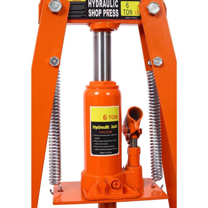 Presse d'atelier hydraulique de 6 tonnes à cadre en A, de table, en acier au carbone et au manganèse, orange, monobloc, avec 3 réglages de hauteur et plaques de pression