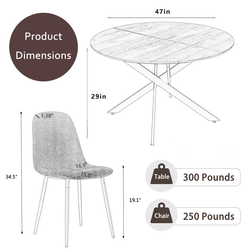 Round 47'' Dining Set, Dark Gray, 7, Brown