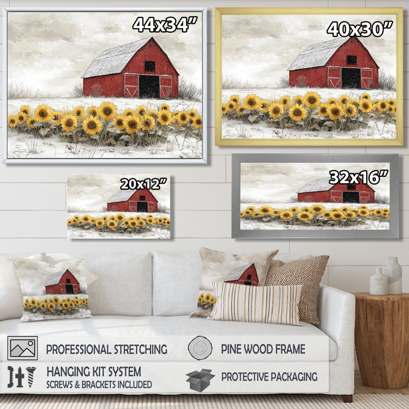 Donnovin tournesols et grange d'hiver Soft Greys II - tournesols, art mural pour le salon, Brun, H 16 po x l 32 po