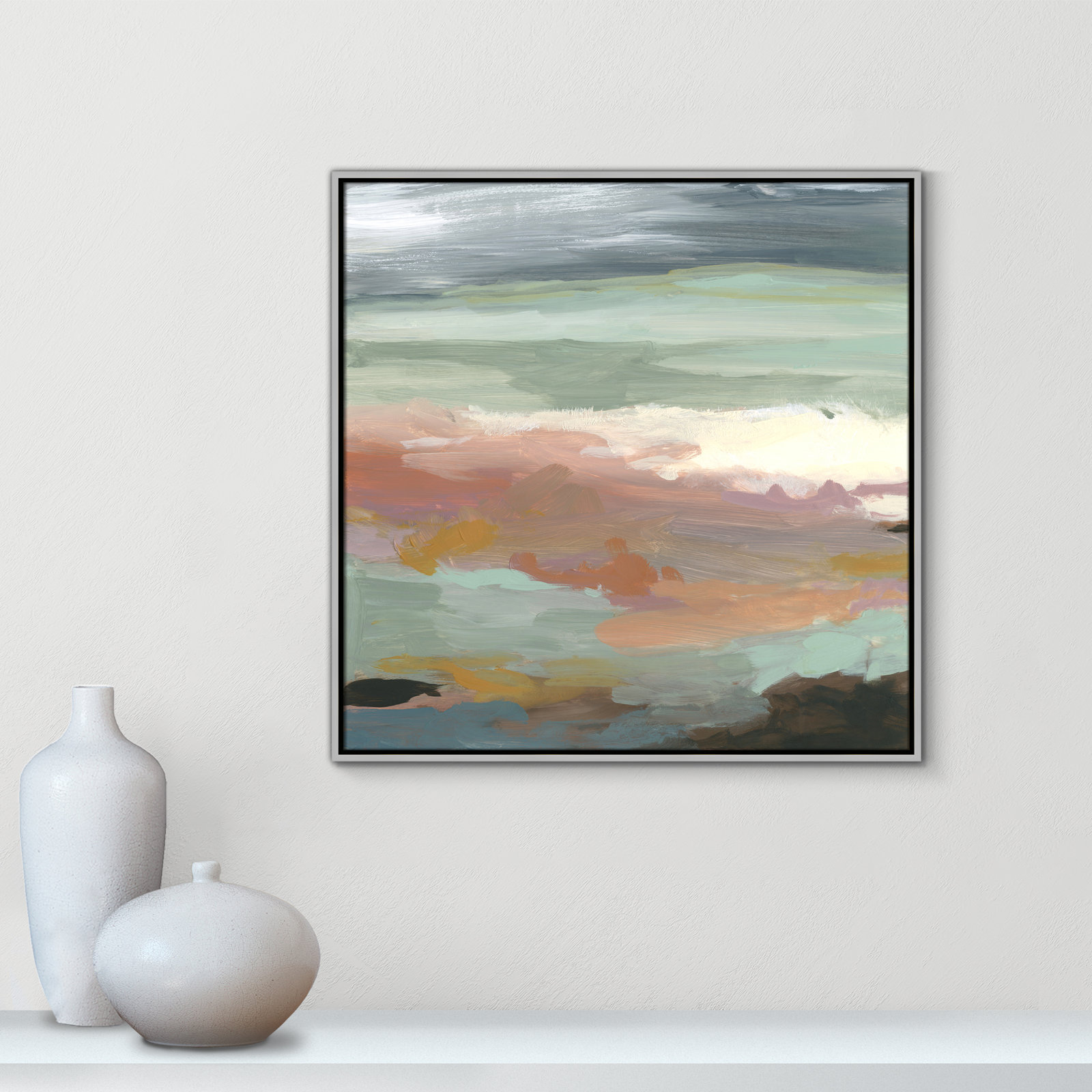 Bingham "Ocean Bluffs" Painting by Carol Robinson, Picture Framed Canvas, 31.5" H x 31.5" W, Silver