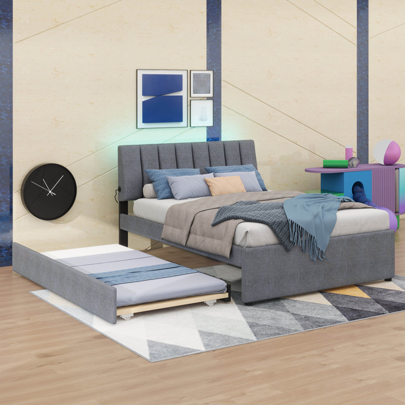 Lit plateforme rembourré Teddy, Gris, Lit double