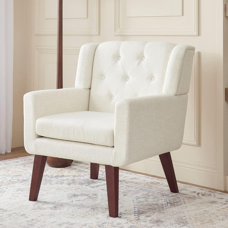 Chaise d'appoint rembourrée capitonnée avec accoudoirs en lin, Lin beige