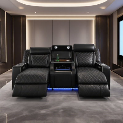 Canapé inclinable 3 places en cuir noir respirant Smart - Canapé multifonctionnel avec table basse rabattable, recharge sans fil, port USB, lampe de lecture et lumière ambiante à DEL, structure en bois massif à double ressort en mousse haute densité anti-rayures 100 000 fois