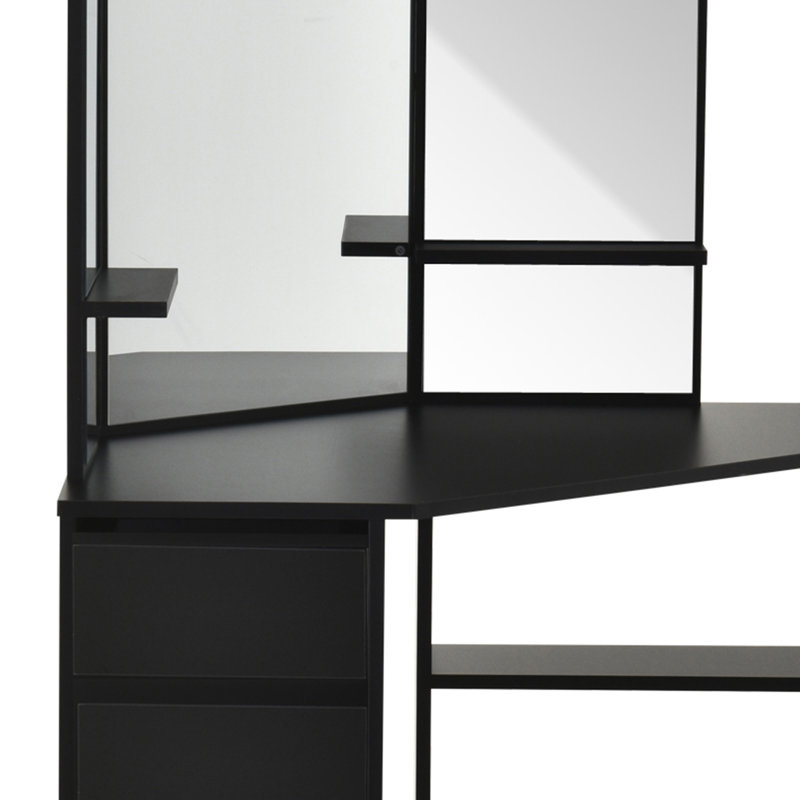 Coiffeuse de coin, bureau de maquillage avec miroir en 3 parties et 5 tiroirs, Noir, noir, noir, noir