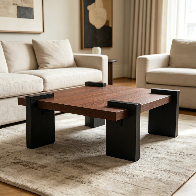 Table basse de 39 pouces de style rustique de style Mid-Century avec pieds carrés noirs de style industriel