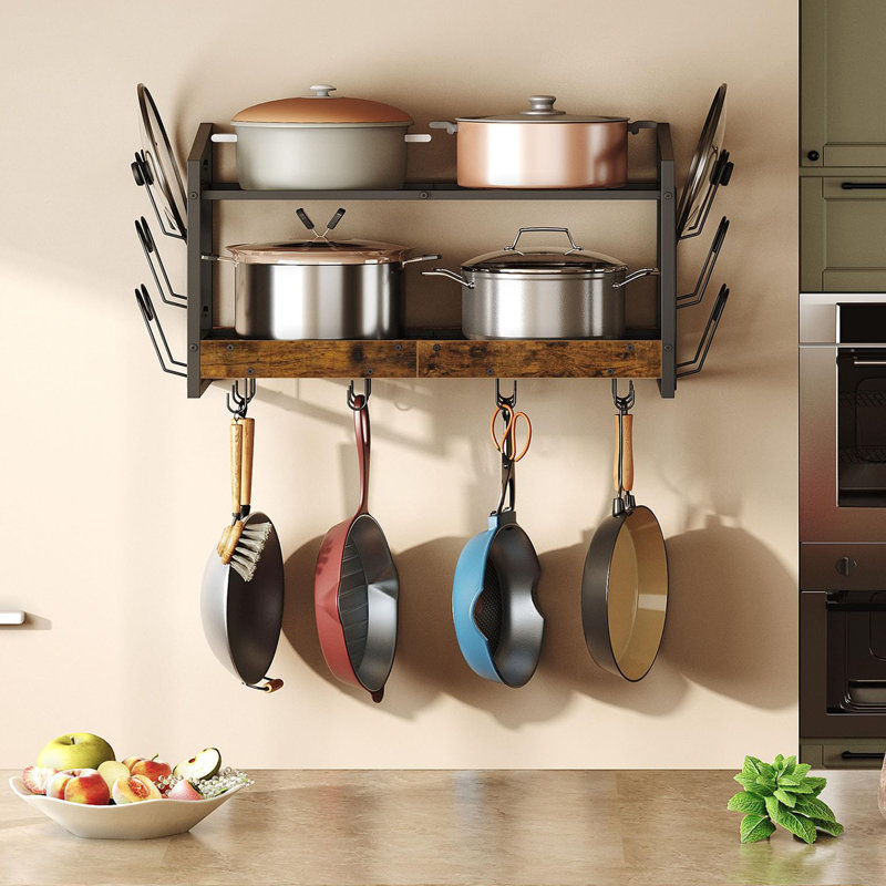 Hanging Pot Rack, Pot Rack Wall Mounted, 2-Tier Kitchen Pot and Lid Organizer