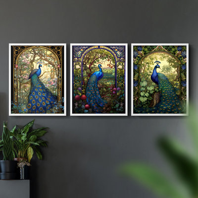 Peacock  Series  L  -Set Of 3 Framed Giclee Prints -Ready to Hang