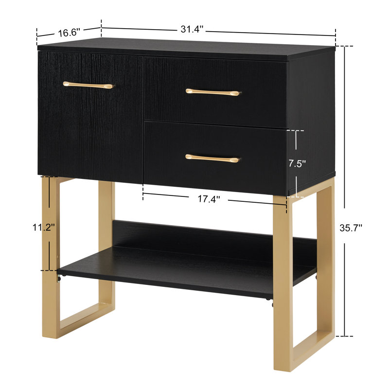 Quintonio Modern Console Table with Drawer, Storage Cabinet and Shelf, Black, Gold