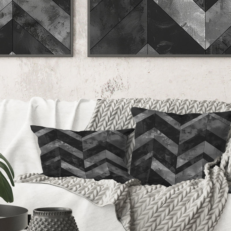 Imprimé à chevrons gris et noir IV - Coussin décoratif moderne, H 18 po x l 18 po