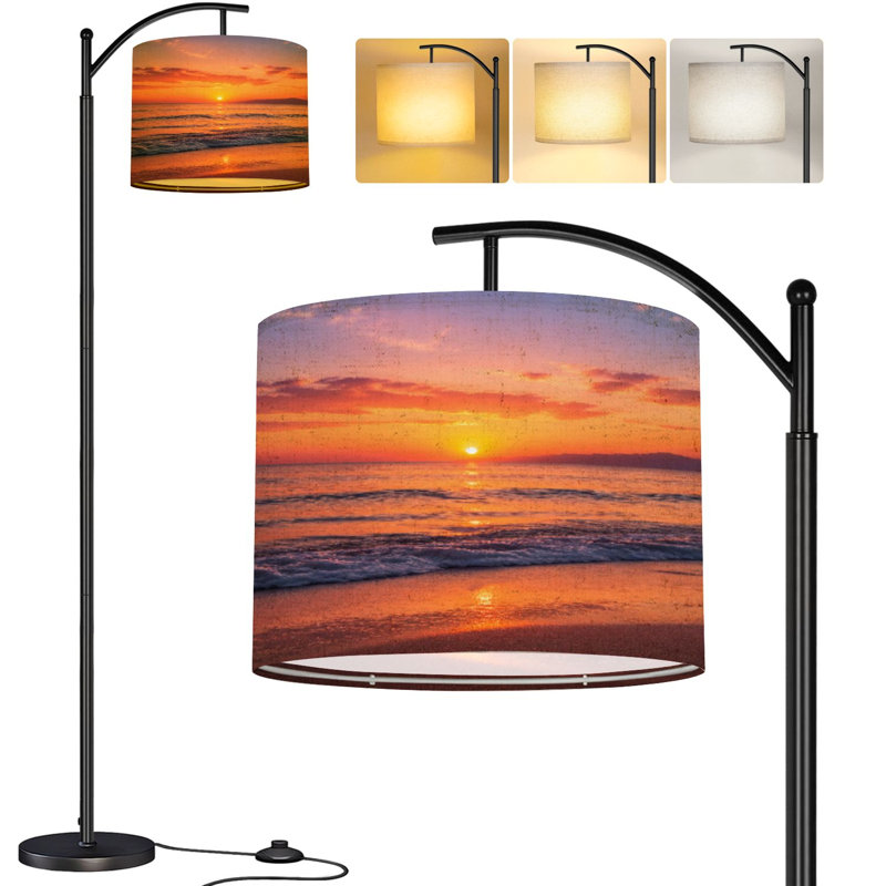  Arc Floor Lamp Colorful sunset viewed from pink sea beach soft Tall Modern Standing Lamp LED Adjustable Linen Lampshade 3 Color Temperatures