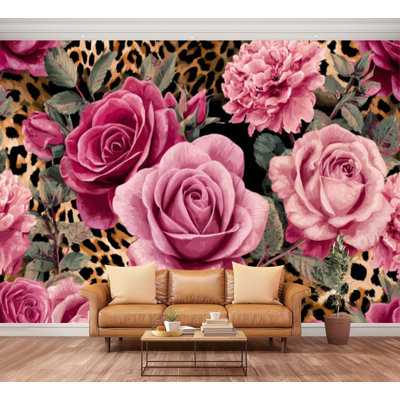 Papier peint mural autocollant à motif léopard et roses roses, grand format, amovible et repositionnable, idéal pour le salon, la chambre ou la chambre d'enfant (100 po H x 144 po L).