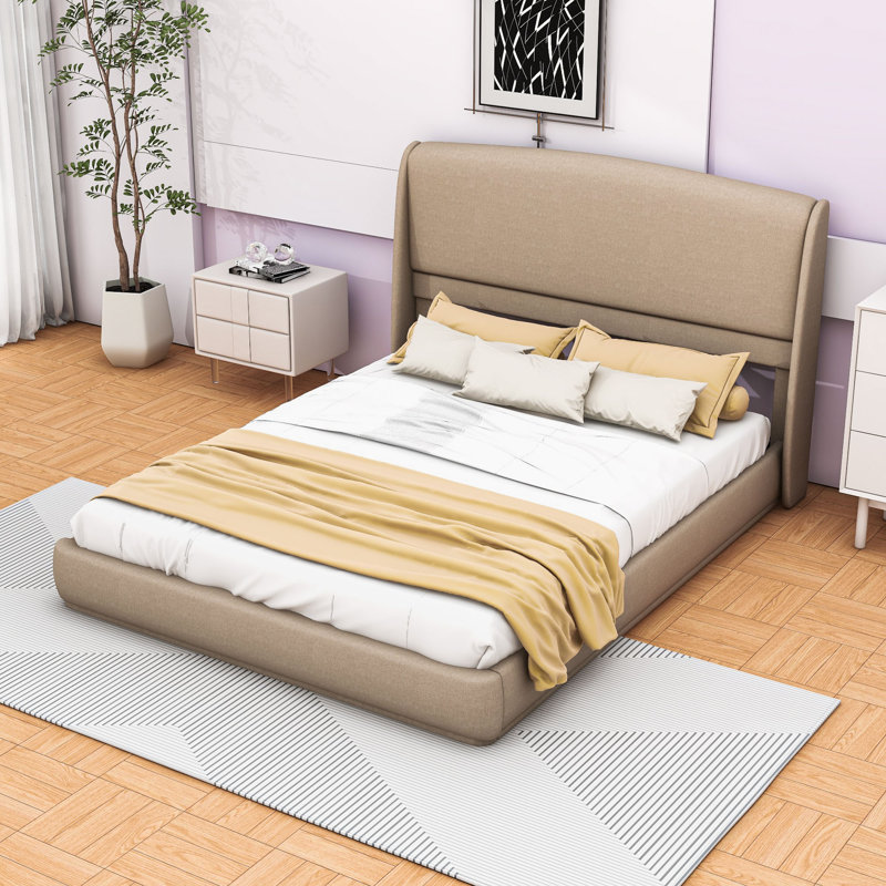 Grand lit plateforme tapissier avec tête de lit, Brun