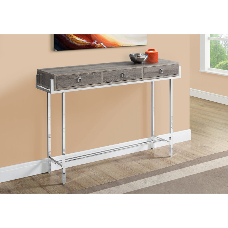 Table d'appoint taupe avec base en métal et rangement spacieux - Moderne, compact pour le hall d'entrée, élégant, 3 tiroirs, stratifié, métal, chambre à coucher, salon